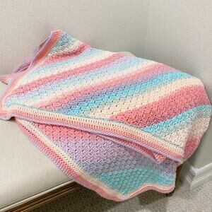 Vintage Handmade Pink Rainbow Baby Blanket 3’ x 4’ throw blanket